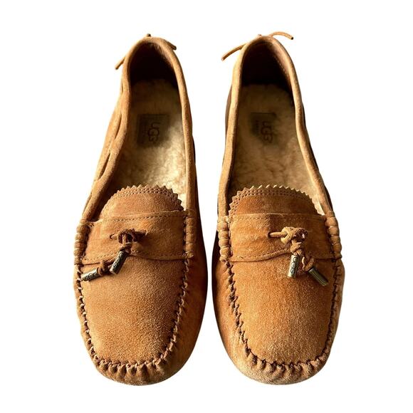 UGG 7.5 Suede Roni Moccasian Driving Loafers Shearling Wool Slippers Shoes Brown - Picture 2 of 9